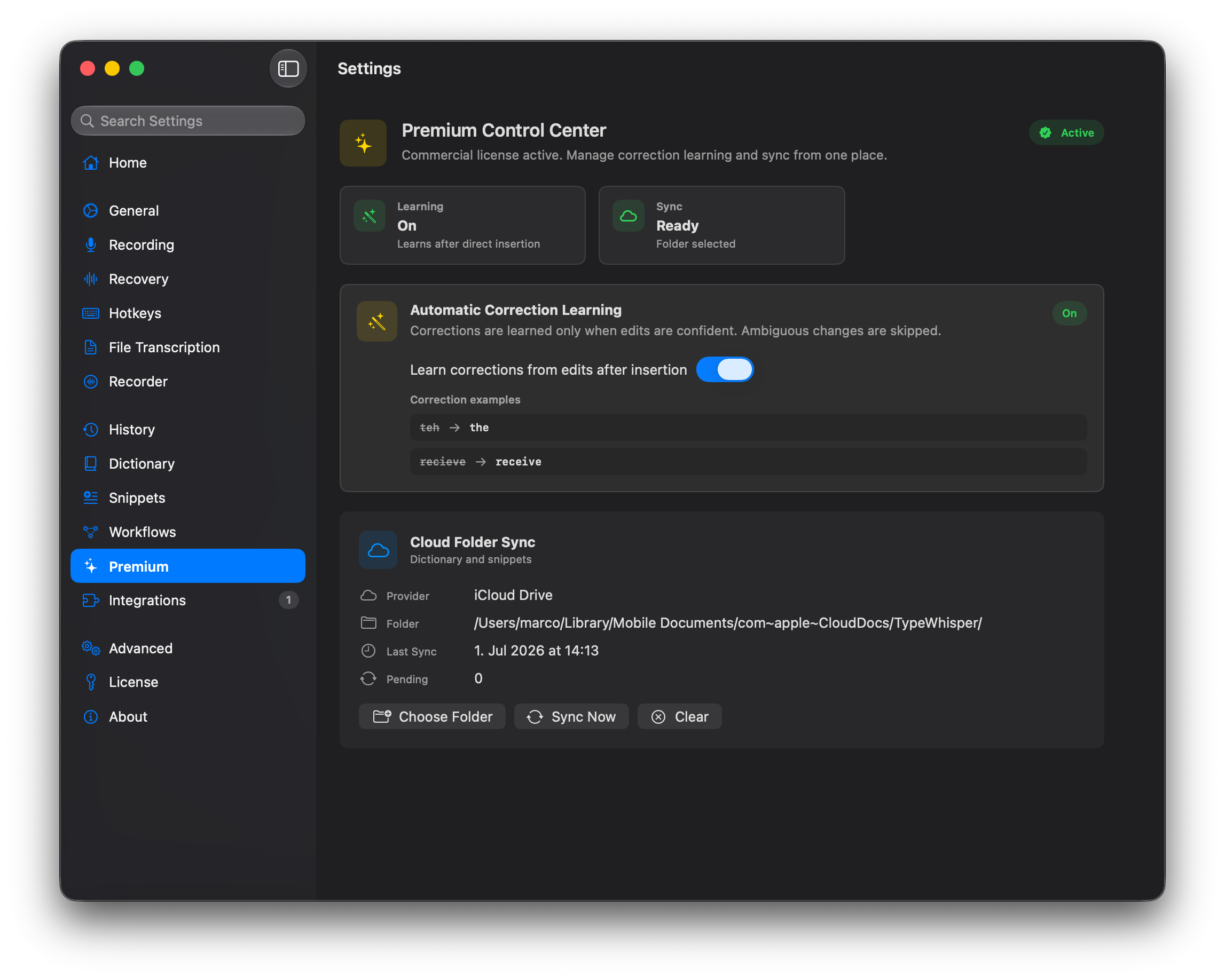 TypeWhisper Premium settings with correction learning and Cloud Folder Sync